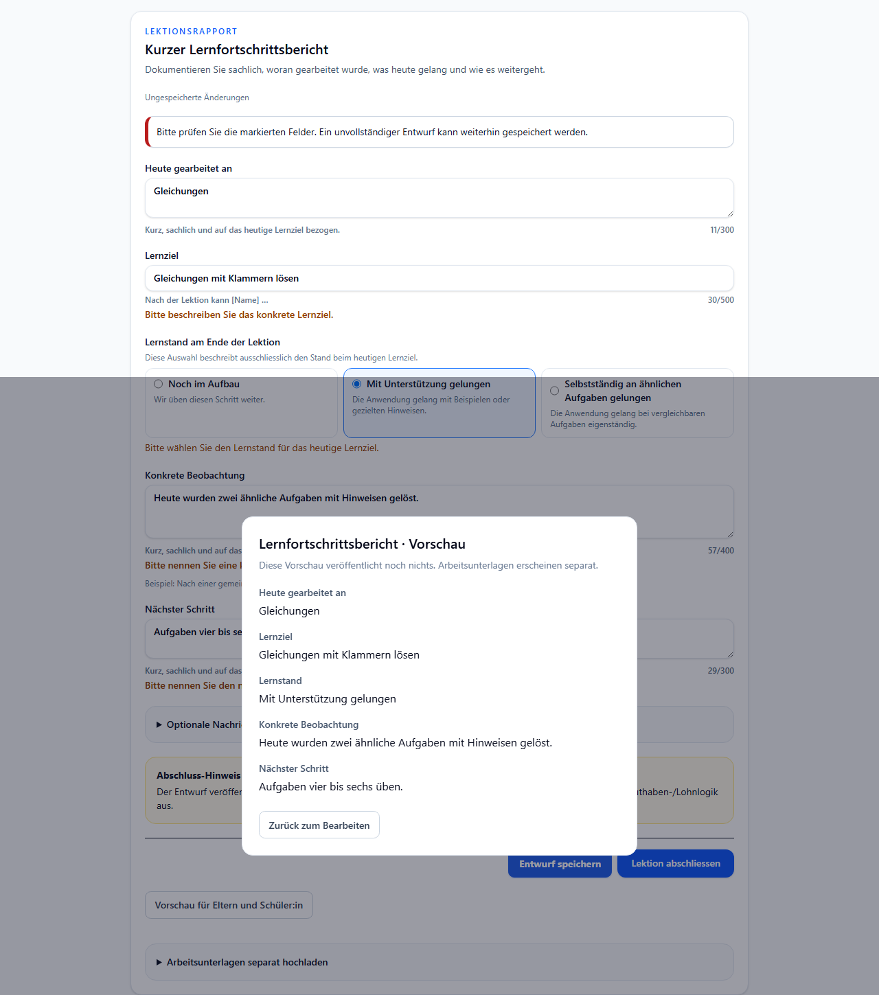Anonymisierte Vorschau eines Lernfortschrittsberichts